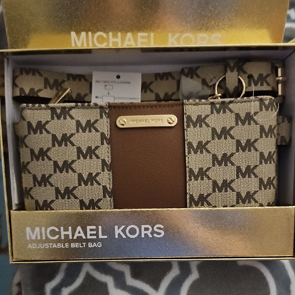 Michael Kors Logo Pattern Belt Bag in Brown and Cream